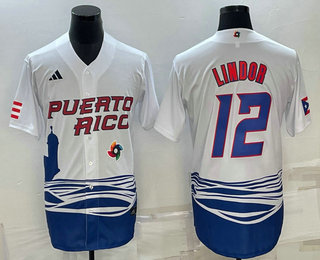 Mens Puerto Rico Baseball #23 Francisco Lindor White 2023 World Baseball Classic Stitched Jersey